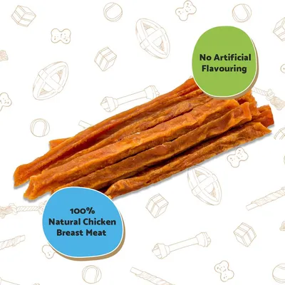 Chicken breast meat strips with text stating 100% natural chicken breast meat and no artificial flavouring.