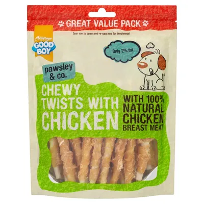 Chewy twists with chicken, made with 100% natural chicken breast meat, only 2% fat. Great value pack. Visible resealable pouch containing the product.