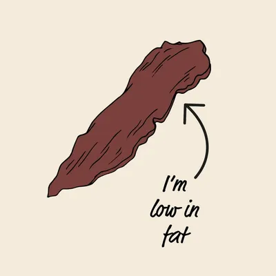 Illustration of a treat with an arrow and text stating 'I'm low in fat', highlighting the product's low fat content.