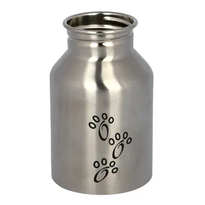 Boîte en métal argenté avec motifs de pattes noires, ouverture large visible. Aucun texte ou marque apparente sur le produit.