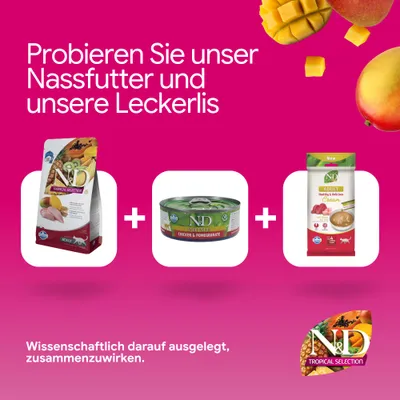 N&D Tropical Selection croquettes, N&D Prime poulet & grenade nourriture humide et N&D adulte crème friandises. Conçus scientifiquement pour agir ensemble. N&D Tropical Selection croquettes, N&D Prime poulet & grenade nourriture humide et N&D adulte crème friandises. Conçus scientifiquement pour agir ensemble.