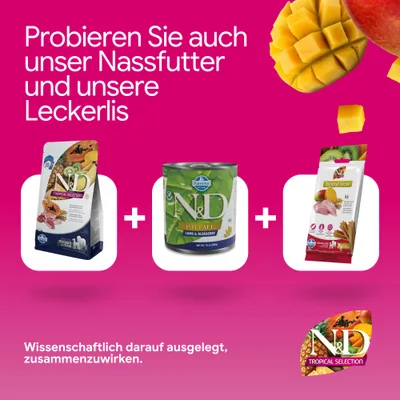 Probieren Sie auch unser Nassfutter und unsere Leckerlis. Wissenschaftlich darauf ausgelegt, zusammenzuwirken. N&D Tropical Selection, N&D Prime, Dental Treat abgebildet. Probieren Sie auch unser Nassfutter und unsere Leckerlis. Wissenschaftlich darauf ausgelegt, zusammenzuwirken. N&D Tropical Selection, N&D Prime, Dental Treat abgebildet.