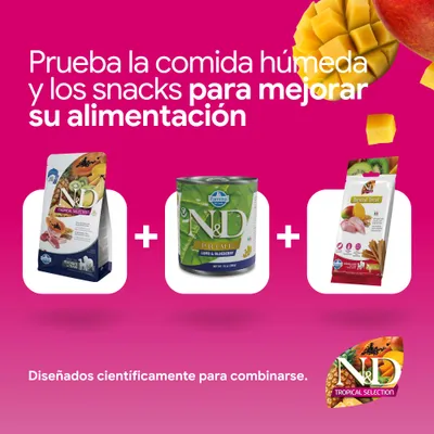 N&D Tropical Selection pienso, N&D Prime cordero y arándanos comida húmeda y Dental Treat. Desarrollado científicamente para combinarse. N&D Tropical Selection pienso, N&D Prime cordero y arándanos comida húmeda y Dental Treat. Desarrollado científicamente para combinarse.
