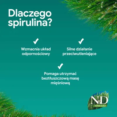 N&D Spirulina: Wzmacnia układ odpornościowy, silne działanie antyoksydacyjne, pomaga utrzymać beztłuszczową masę mięśniową. N&D Spirulina: Wzmacnia układ odpornościowy, silne działanie antyoksydacyjne, pomaga utrzymać beztłuszczową masę mięśniową.
