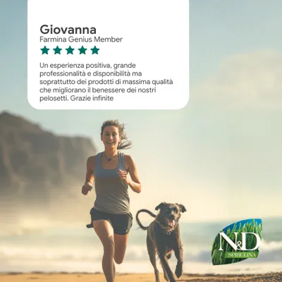 Scala di valutazione con 5 criteri. Giovanna, Farmina Genius Member: esperienza positiva, alta qualità e professionalità, migliora il benessere dei pet. Logo N&D Spirulina visibile. Scala di valutazione con 5 criteri. Giovanna, Farmina Genius Member: esperienza positiva, alta qualità e professionalità, migliora il benessere dei pet. Logo N&D Spirulina visibile.