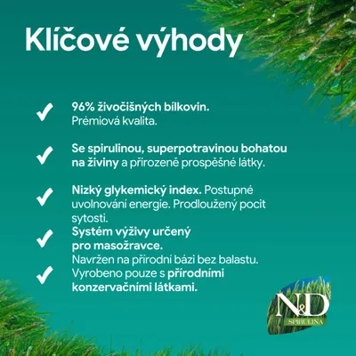 Klíčové výhody: 96 % živočišných bílkovin, spirulina jako výživné superpotraviny, nízký glykemický index, výživový systém pro masožravce, jen přírodní konzervační látky. Klíčové výhody: 96 % živočišných bílkovin, spirulina jako výživné superpotraviny, nízký glykemický index, výživový systém pro masožravce, jen přírodní konzervační látky.