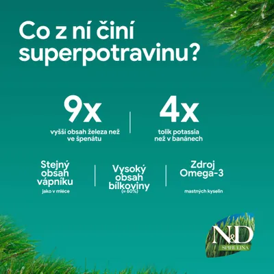 N&D Spirulina: 9x více železa než špenát, 4x více draslíku než banány, stejně vápníku jako mléko, vysoký obsah bílkovin (cca 60 %), zdroj omega-3 mastných kyselin. N&D Spirulina: 9x více železa než špenát, 4x více draslíku než banány, stejně vápníku jako mléko, vysoký obsah bílkovin (cca 60 %), zdroj omega-3 mastných kyselin.