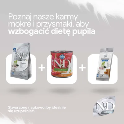 N&D White Coat karma sucha, N&D Quinoa karma mokra i N&D White Coat Dental przekąska obok siebie. Produkty uzupełniające do żywienia.