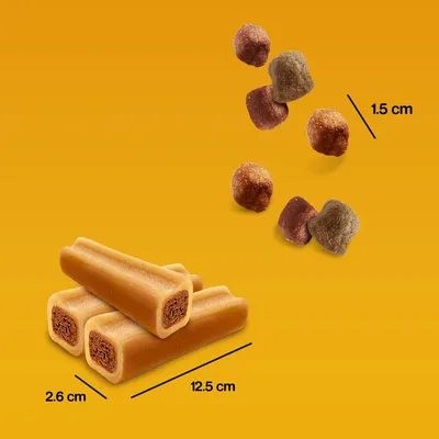 Produktabbildung mit Grössenangaben: Sticks 12,5 cm x 2,6 cm und kleine Stücke 1,5 cm. Gelber Hintergrund.