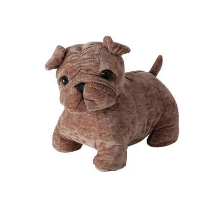 Peluche marrone a forma di cane con occhi neri e coda corta.