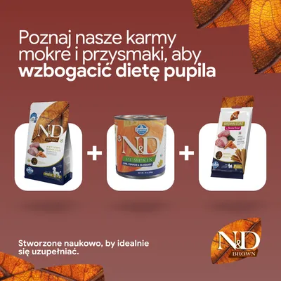 N&D Brown karma sucha, N&D Pumpkin karma mokra i N&D Brown Coat Dental Treats. Opracowane naukowo, aby uzupełniać żywienie.