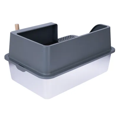Graue Katzentoilette mit erhöhtem Rand, integrierter Streumatte und weisser Unterwanne. Holzgriff sichtbar an der Seite.