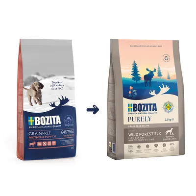 Bozita Grain Free Mother & Puppy ambalaj XL stânga, noul ambalaj Bozita Purely Wild Forest Elk dreapta. Ambele cu rețetă fără cereale pentru căței și tineri câini.