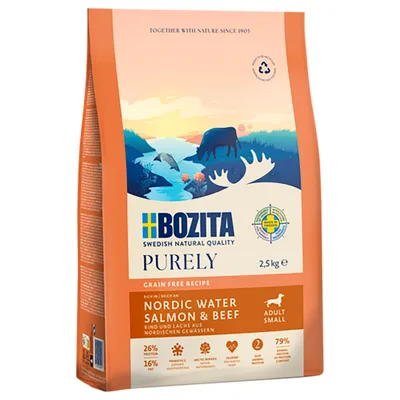 Bozita Purely Grain Free rețetă, Nordic Water Salmon & Beef, vită și somon din ape nordice, Adult Small, 2,5kg, 26% proteină, 16% grăsime, 79% ingrediente animale.