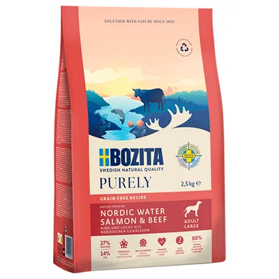 Bozita Purely Grain Free ricetta, Nordic Water Salmon & Beef, manzo e salmone delle acque nordiche, Adult Large, 2,5kg, 27% proteine, 14% grassi, 80% ingredienti animali.
