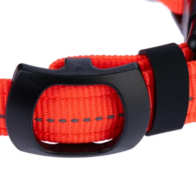 Gros plan sur une boucle en plastique noir d’un collier pour animal en nylon orange avec couture grise visible.
