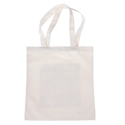 Bolsa de tela blanca con dos asas de transporte, forma rectangular.