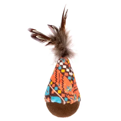 Jouet pour chat en tissu à motif coloré, forme de goutte avec base marron et plumes naturelles fixées au sommet. Aucun texte ou marque visible.
