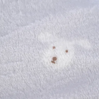 Détail de tissu blanc en éponge avec motif tête de chien brodé en marron clair.