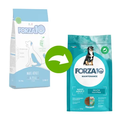 Forza10 Maxi Adult Al Pesce embalaža levo, nova Forza10 Maintenance Maxi Adult bogata z ribo embalaža desno. Zeleni puščica označuje spremembo embalaže.