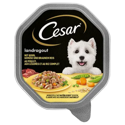 Cesar landragout, confezione con scritta: mit Huhn, Gemüse und braunem Reis; au poulet, aux légumes et au riz complet. Immagine di cibo con verdure e riso.