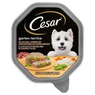 Cesar garten-terrine, met gevogelte, groente en rijst. Tekst in Duits en Frans. Afbeelding van terrine met groenten, stukjes vlees, rijst en erwten op de verpakking.