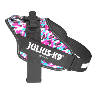 Julius-K9 IDC Power Hundegeschirr mit pink-blauem Camouflage-Muster und schwarzem Gurtband.