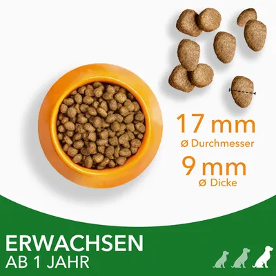 Trockenfutter für erwachsene Hunde ab 1 Jahr. Krokettengrösse: Durchmesser 17 mm, Dicke 9 mm. Abgebildet in einem orangefarbenen Napf.