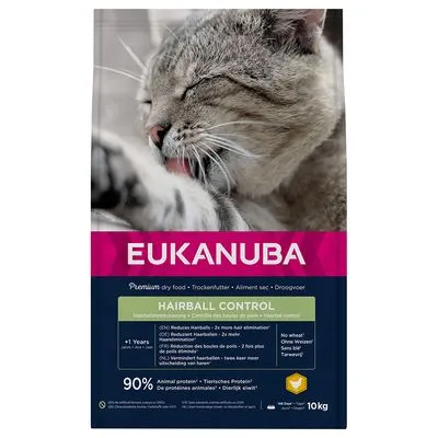 EUKANUBA Hairball Control kattenvoer, 10 kg zak. Tekst: reduceert haarballen, geen tarwe, 90% dierlijk eiwit. Geschikt voor katten ouder dan 1 jaar. Premium droogvoer.
