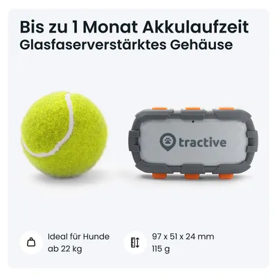 Tractive GPS-Tracker mit bis zu 1 Monat Akkulaufzeit, glasfaserverstärktes Gehäuse. Ideal für Hunde ab 22 kg. Maße: 97 x 51 x 24 mm, Gewicht: 115 g.