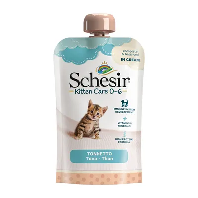 Schesir Kitten Care 0-6, риба тон Thunfisch в крем. Подпомага развитието на имунната система, съдържа витамини и минерали, високо протеинова формула. Пълноценна и балансирана.
