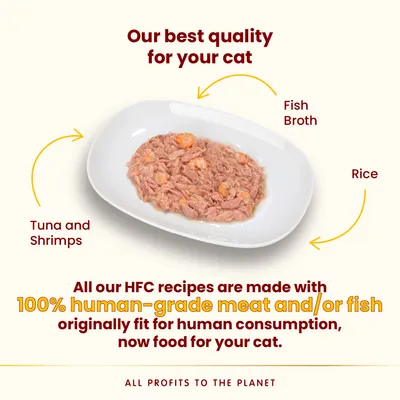 Plate of cat food with tuna and shrimps, fish broth, rice. Text: Our best quality for your cat. All our HFC recipes are made with 100% human-grade meat and/or fish. All profits to the planet.