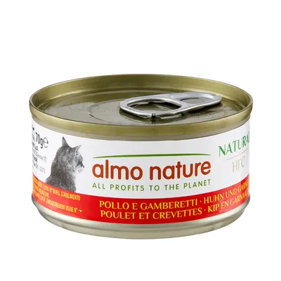 almo nature cat food tin, 70g, visible text: ALL PROFITS TO THE PLANET, POLLO E GAMBERETTI, POULET ET CREVETTES, image of a cat on label