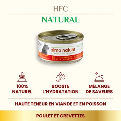 almo nature HFC Natural, boîte pour chat poulet et crevettes. 100 % naturel, booste l’hydratation, mélange de saveurs, haute teneur en viande et en poisson.