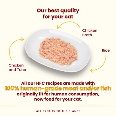 Chicken and tuna cat food with chicken broth and rice on a white plate. Text: Our best quality for your cat. 100% human-grade meat and/or fish, originally fit for human consumption.
