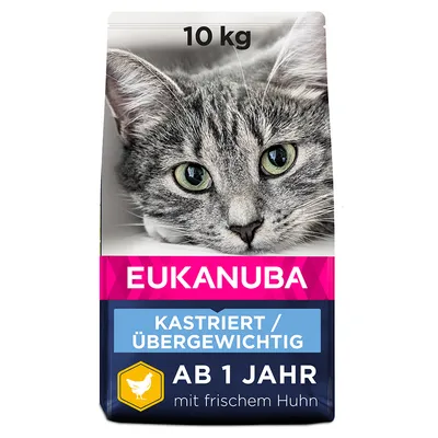 Eukanuba krmivo pro kočky, 10 kg, pro kastrované nebo obézní kočky od 1 roku, s čerstvým kuřetem.