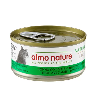almo nature cat food tin, 70g, visible text: ALL PROFITS TO THE PLANET, TONNO CON MAIS, THON AVEC MAÏS, Thunfisch mit Mais, pull tab lid