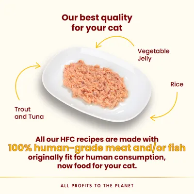 Trout and tuna cat food with rice and vegetable jelly on plate. Text: Our best quality for your cat. 100% human-grade meat and/or fish, originally fit for human consumption. All profits to the planet.