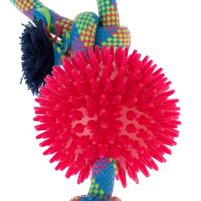 Giocattolo con palla rossa con nodi e corda colorata in tessuto intrecciato.