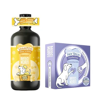 Max & Molly Urban Pets Shampoo 'Wow 'n Glow' zabpehellyel és avokádóval, minden összetevő természetes. Paw Balm 'Pawfection' kókuszdióval és sheavajjal, 100% természetes.