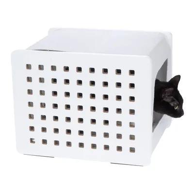 White cat cave with square ventilation holes, black cat looking out from the side opening.