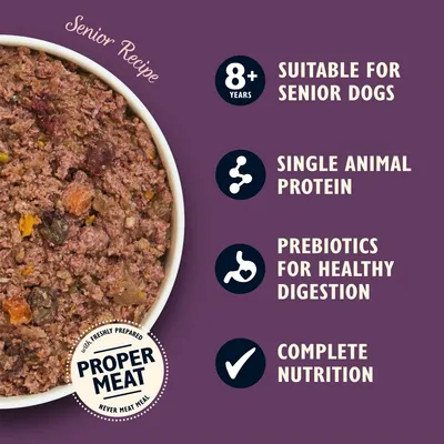 Senior recipe with proper meat, suitable for dogs aged 8 years and over. Single animal protein, prebiotics for healthy digestion, and complete nutrition highlighted.