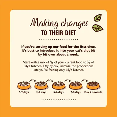Feeding guide showing how to gradually switch food over about a week, starting with mostly current food and increasing new food daily until only the new food is served from day 9 onwards.