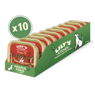 Pack of 10 Lily's Kitchen Cottage Pie trays, labelled as proper food for dogs, displayed in green retail packaging.