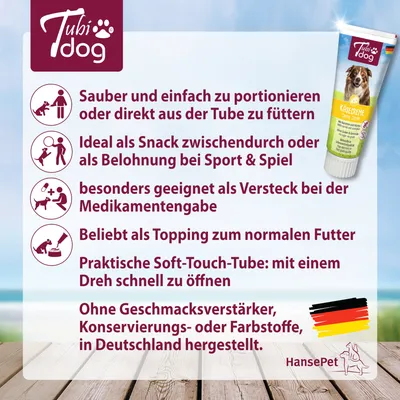 TubiDog Käsecreme. Einfach zu portionieren, ideal als Snack, geeignet für Medikamentengabe, Topping für Futter. Ohne Geschmacksverstärker, Konservierungsstoffe, hergestellt in Deutschland.