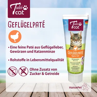 TubiCat Geflügelpaté. Feine Paté aus Geflügelleber, Gewürzen und Katzenminze. Rohstoffe in Lebensmittelqualität. Ohne Zusatz von Zucker & Getreide. Hersteller: HansePet.