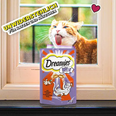 Dreamies Mix s slastnim piščancem in okusno raco, neustavljivo za mačke in mladiče. Embalaža prikazuje igrive mačke pred oknom.