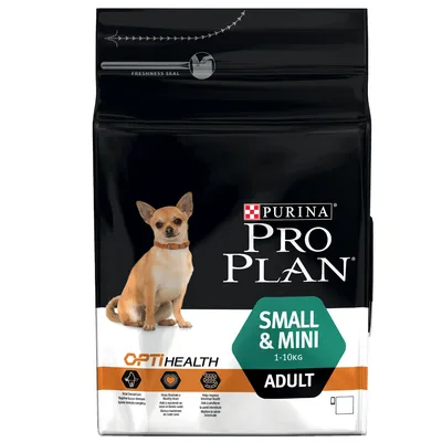 Purina Pro Plan Small & Mini Adult 1–10 kg -koiranruokapakkaus, OptiHealth-merkintä ja pieni koira etupuolella. Teksti: Freshness Seal.