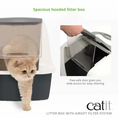 Kattenbak met kap en transparant deurtje, grote opening voor eenvoudige reiniging. Merk: catit. Tekst: Ruime kattenbak met kap, pootvriendelijk deurtje biedt brede toegang voor gemakkelijk schoonmaken. Kattenbak met kap en transparant deurtje, grote opening voor eenvoudige reiniging. Merk: catit. Tekst: Ruime kattenbak met kap, pootvriendelijk deurtje biedt brede toegang voor gemakkelijk schoonmaken.