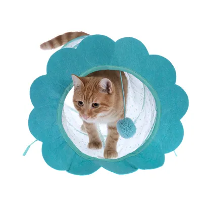 Turquoise play tunnel with pompom, cat inside the tunnel.